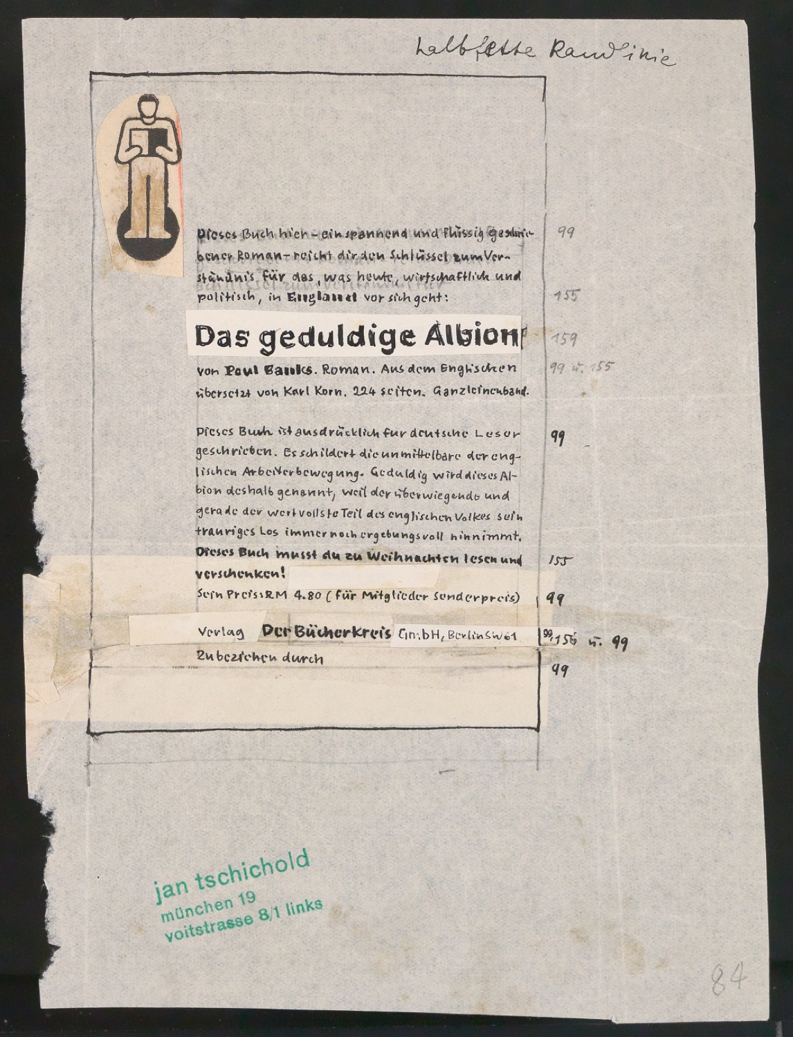 Entwurf und Probedruck von Werbeanzeige Das geduldige Albion — Blatt 1