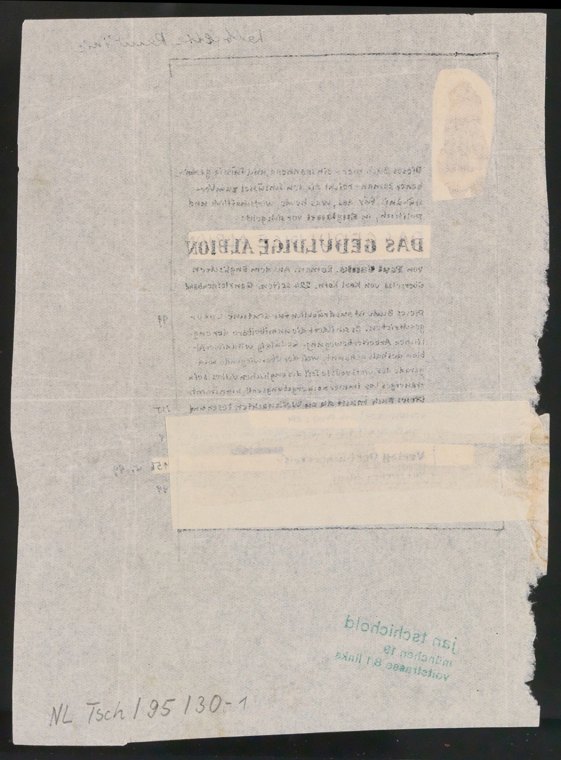 Entwurf und Probedruck von Werbeanzeige Das geduldige Albion — Blatt 2