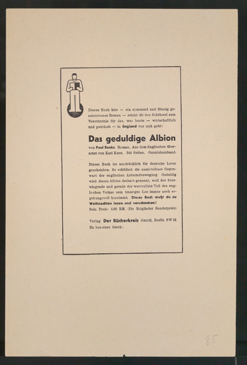 Entwurf und Probedruck von Werbeanzeige Das geduldige Albion — Blatt 3