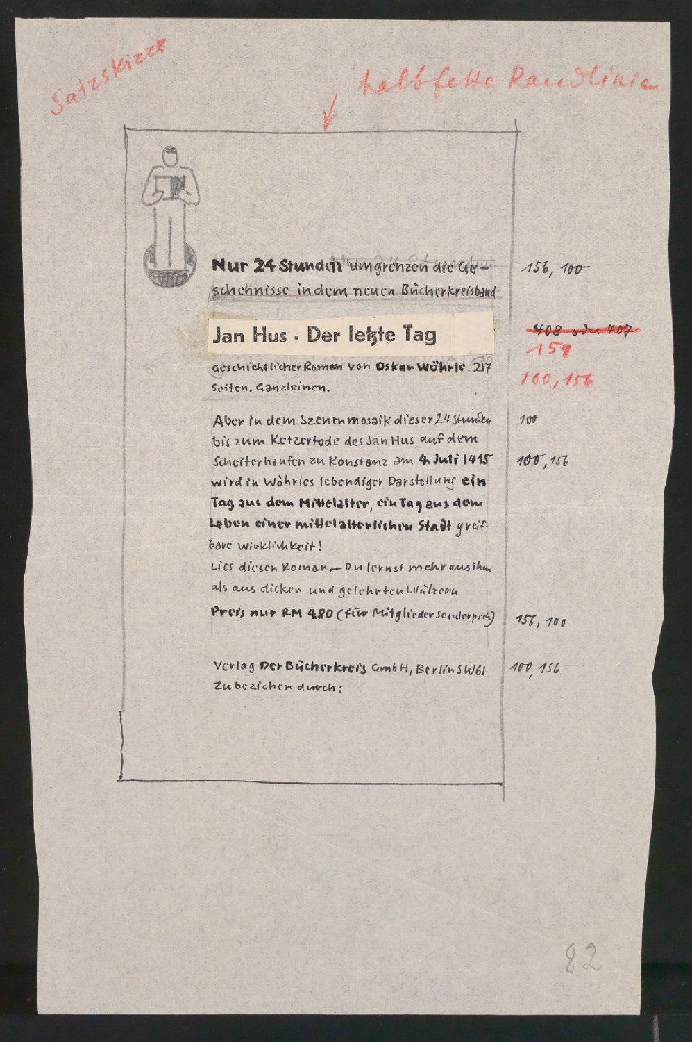 Entwurf und Probedruck von Werbeanzeige Jan Hus - Der letzte Tag — Blatt 1