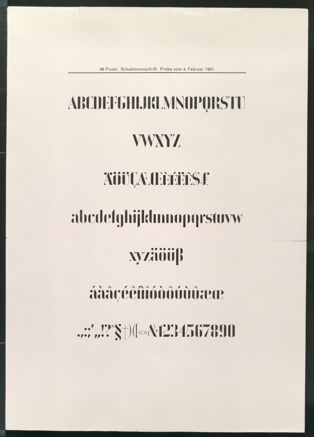 Probedrucke von Schriftproben für Schablonenschrift für die Stempel AG — Blatt 1