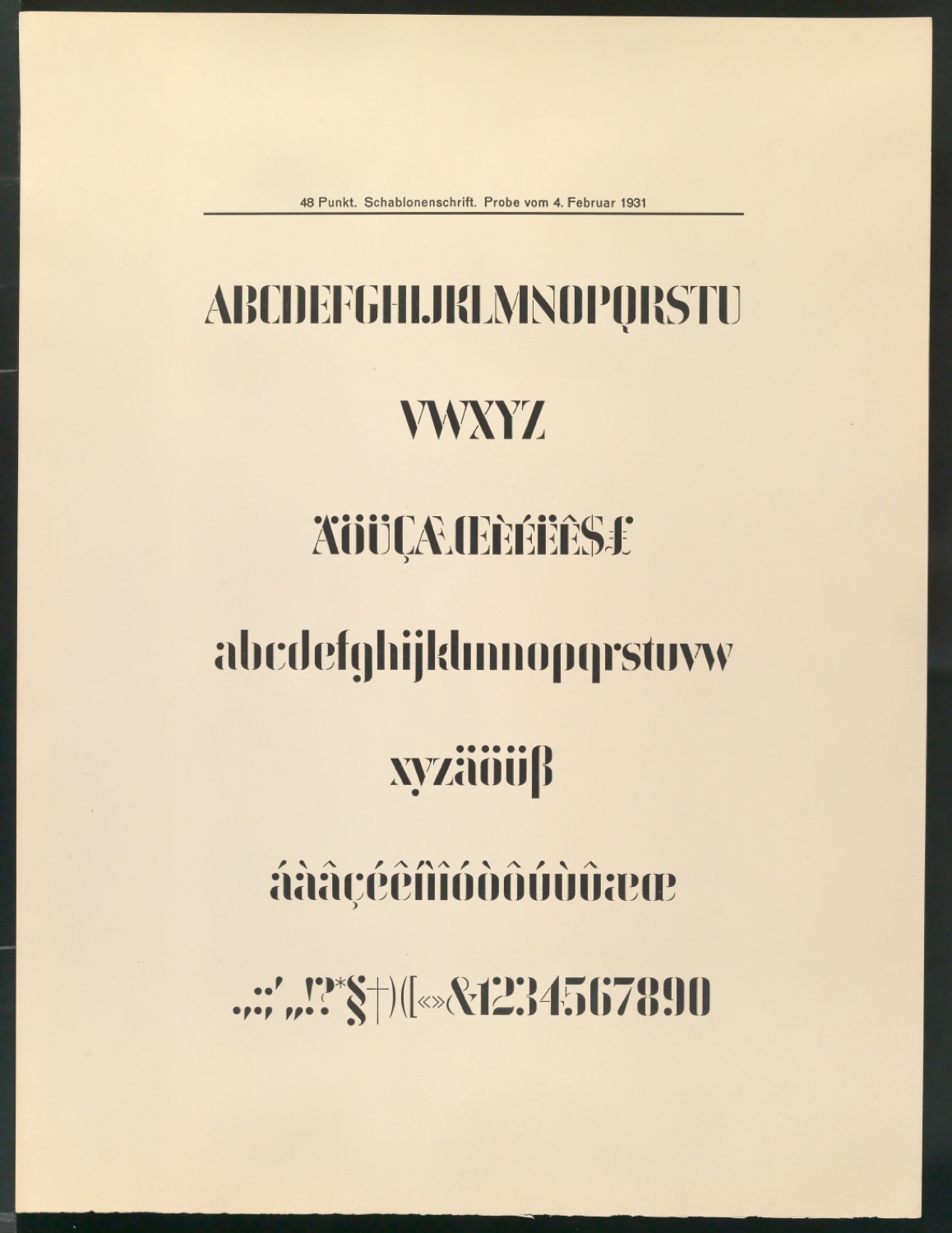 Probedrucke von Schriftproben für Schablonenschrift für die Stempel AG — Blatt 7