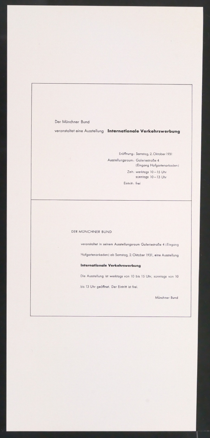 Probedruck einer Illustration mit Darstellung Einladungskarte für Ausstellung Internationale Verkehrswerbung — Blatt 1