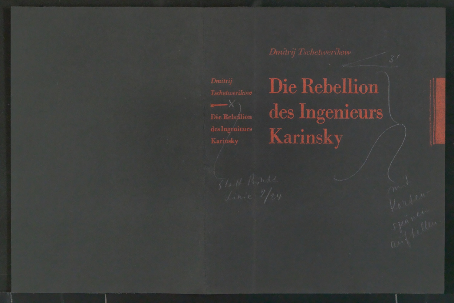 Probedrucke und Korrekturfahne von Bucheinband für Die Rebellion des Ingenieurs Karinsky — Blatt 1