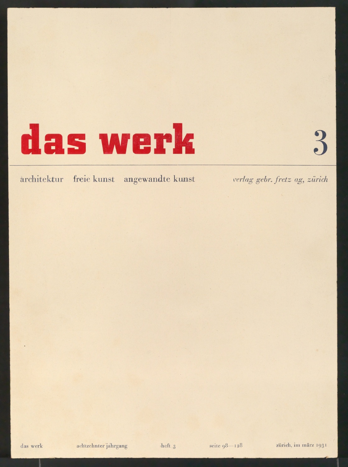 Probedruck von Umschlag für Das Werk - Architektur, Freie Kunst, Angewandte Kunst — Blatt 1