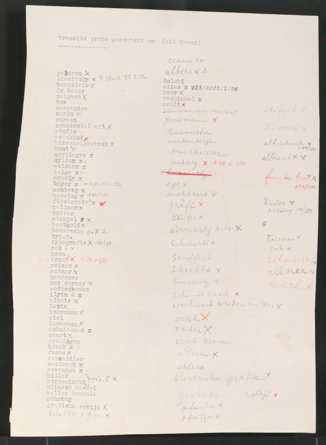 Versandliste zur Schrift Transito — Blatt 1