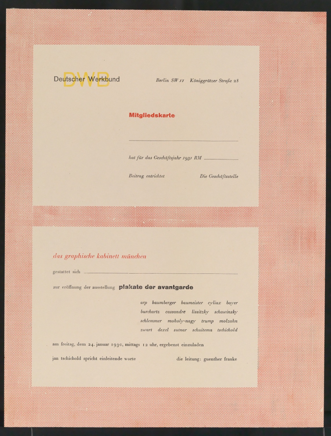 Mitgliedskarte für Deutscher Werkbund und Einladung zur Ausstellungseröffnung Plakate der Avantgarde — Blatt 1