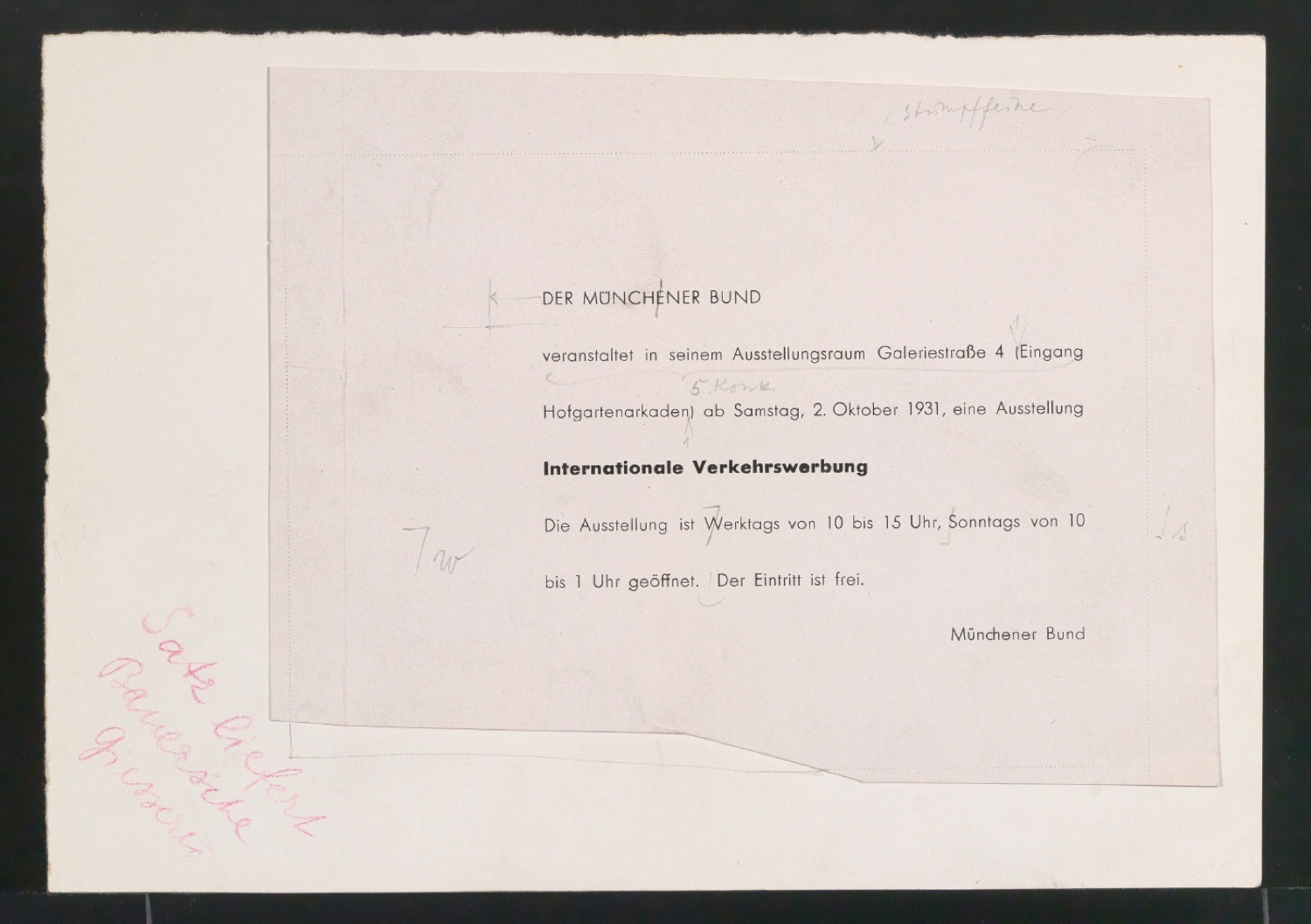 Korrekturfahne von Einladungskarte für Ausstellung Internationale Verkehrswerbung — Blatt 1