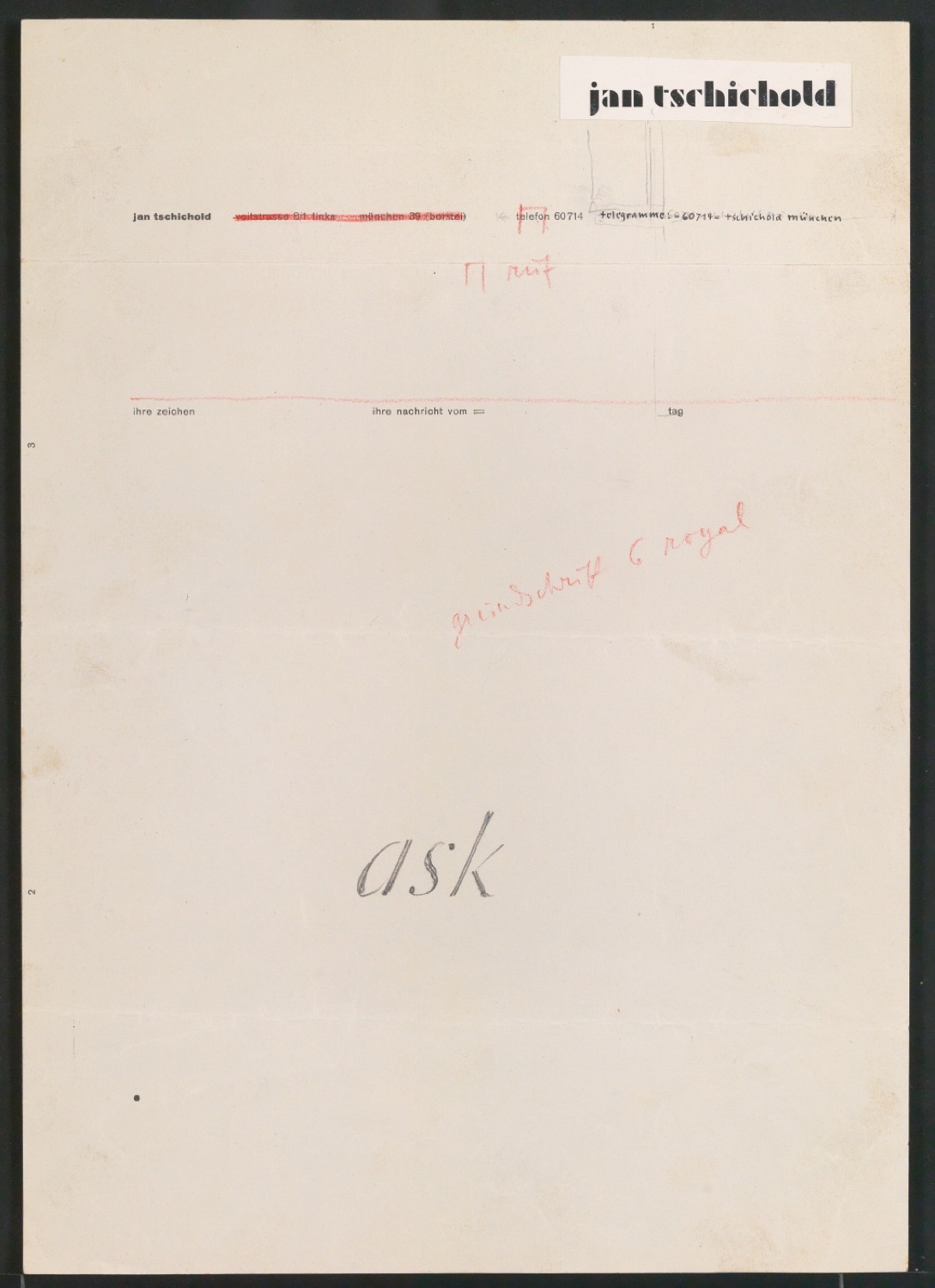 Korrigierter Probedruck von Briefbogen für Jan Tschichold, Voitstrasse 8/1 — Blatt 1