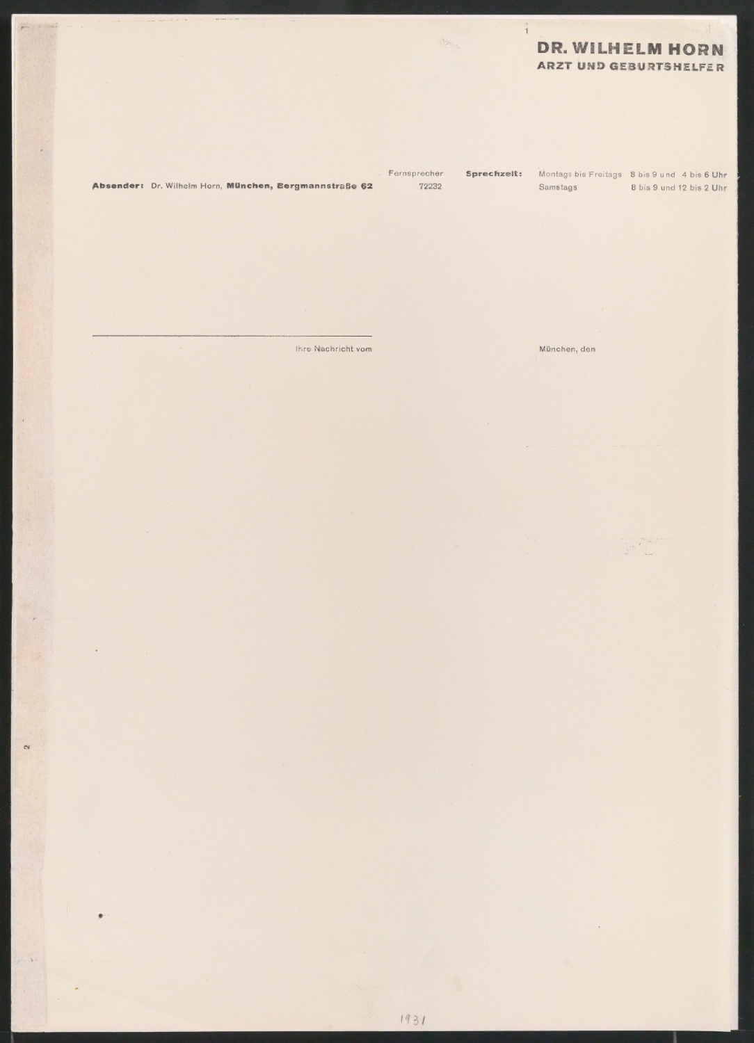 Drucksachen für Dr. Wilhelm Horn Arzt und Geburtshelfer — Blatt 1