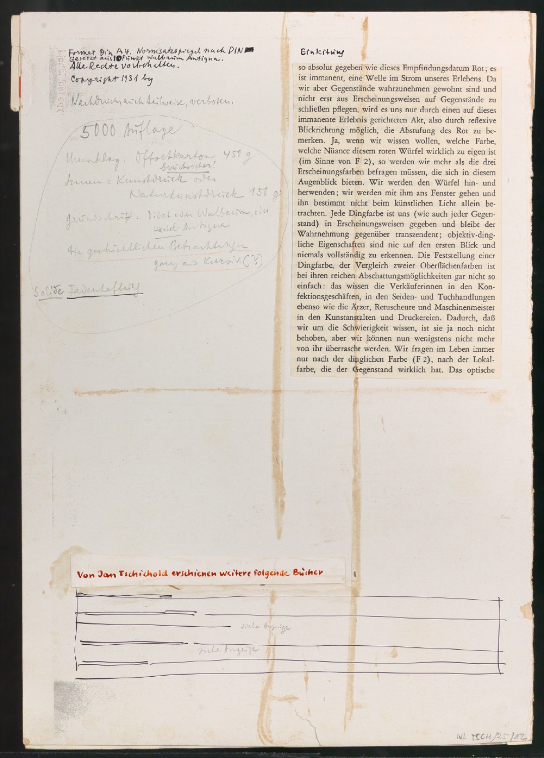 Klebeentwurf für den Umschlag von Kleine Schreiblehre für Setzer — Blatt 2