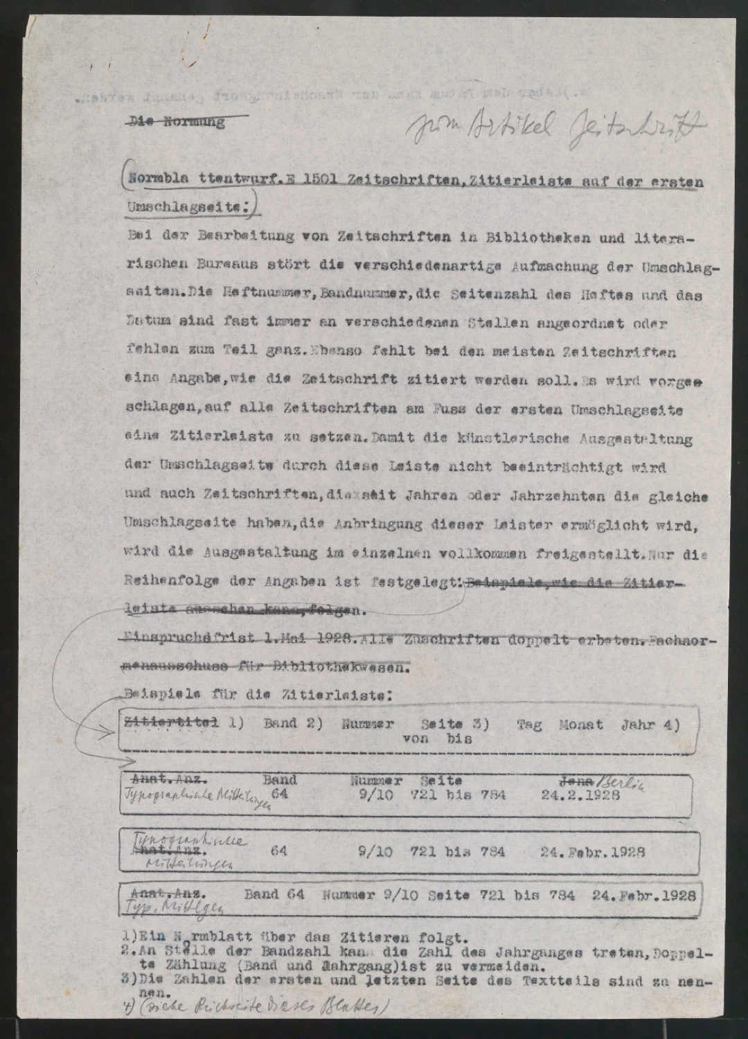 Manuskripte und Typoskripte von Artikeln zur Normierung — Blatt 1