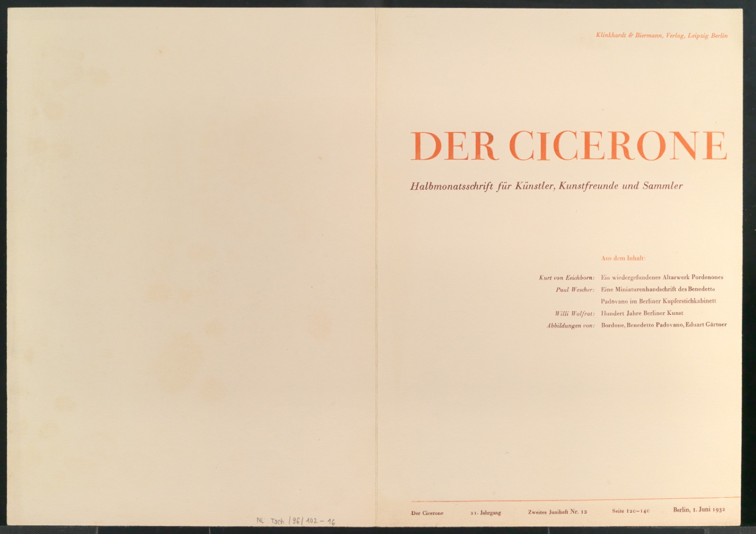 Probedruck für den Umschlag von Der Cicerone — Blatt 1
