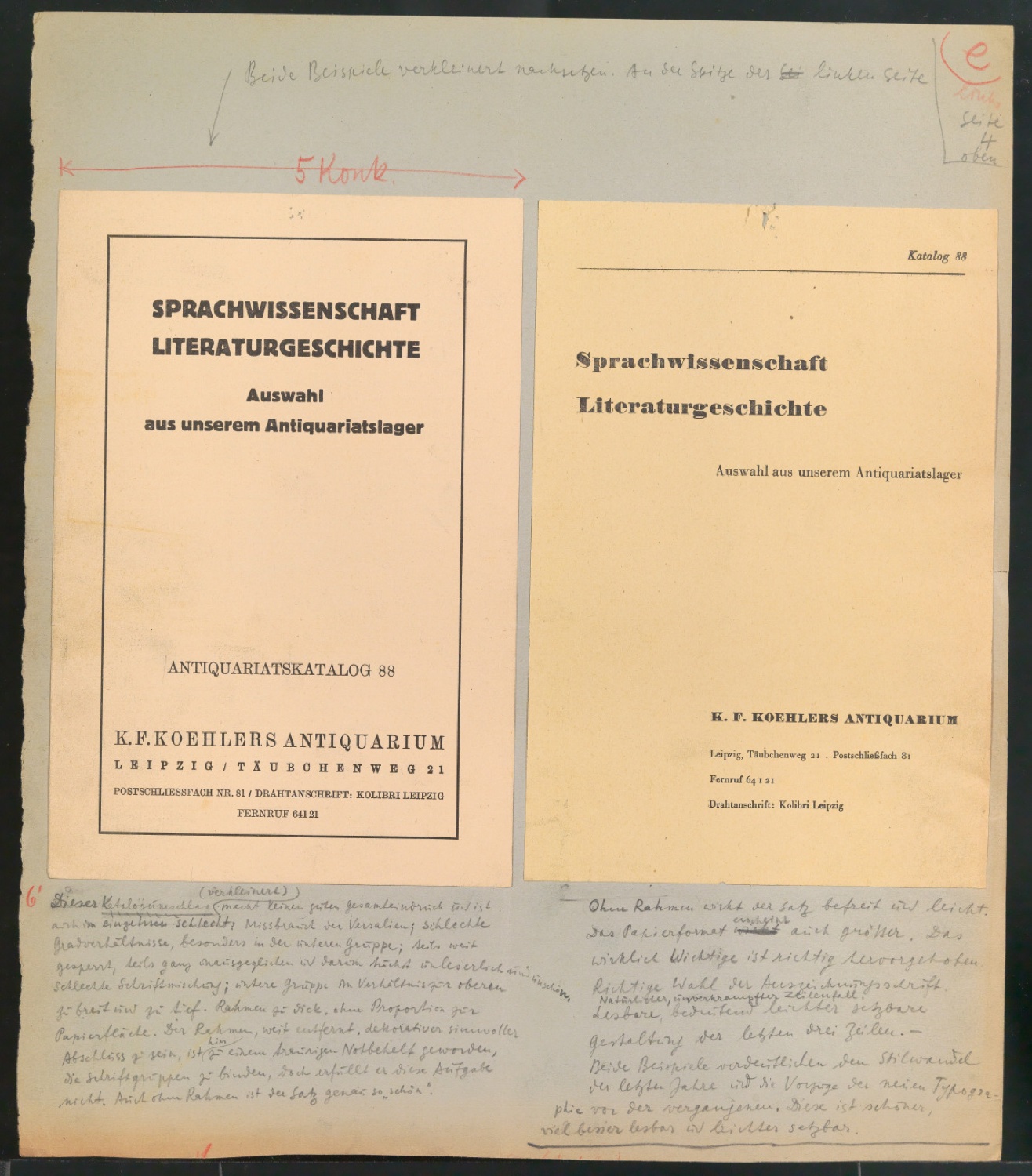 Gegenüberstellung zweier typografischer Lösungen mit Titelblättern von Antiquariatskatalog K. F. Koehler — Blatt 1
