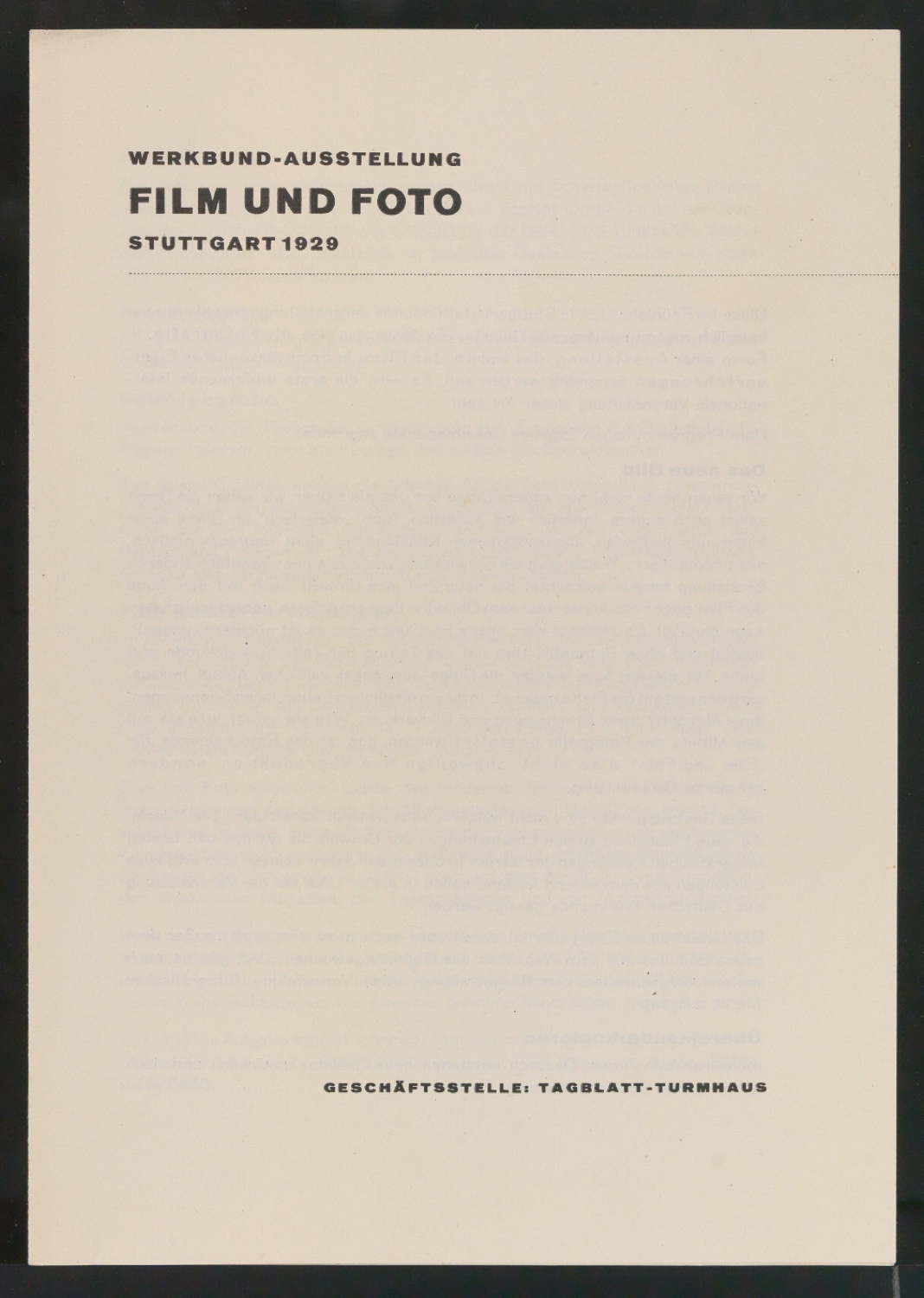 Faltblatt Programm Werkbund-Ausstellung Stuttgart 1929 - Film und Foto — Blatt 1