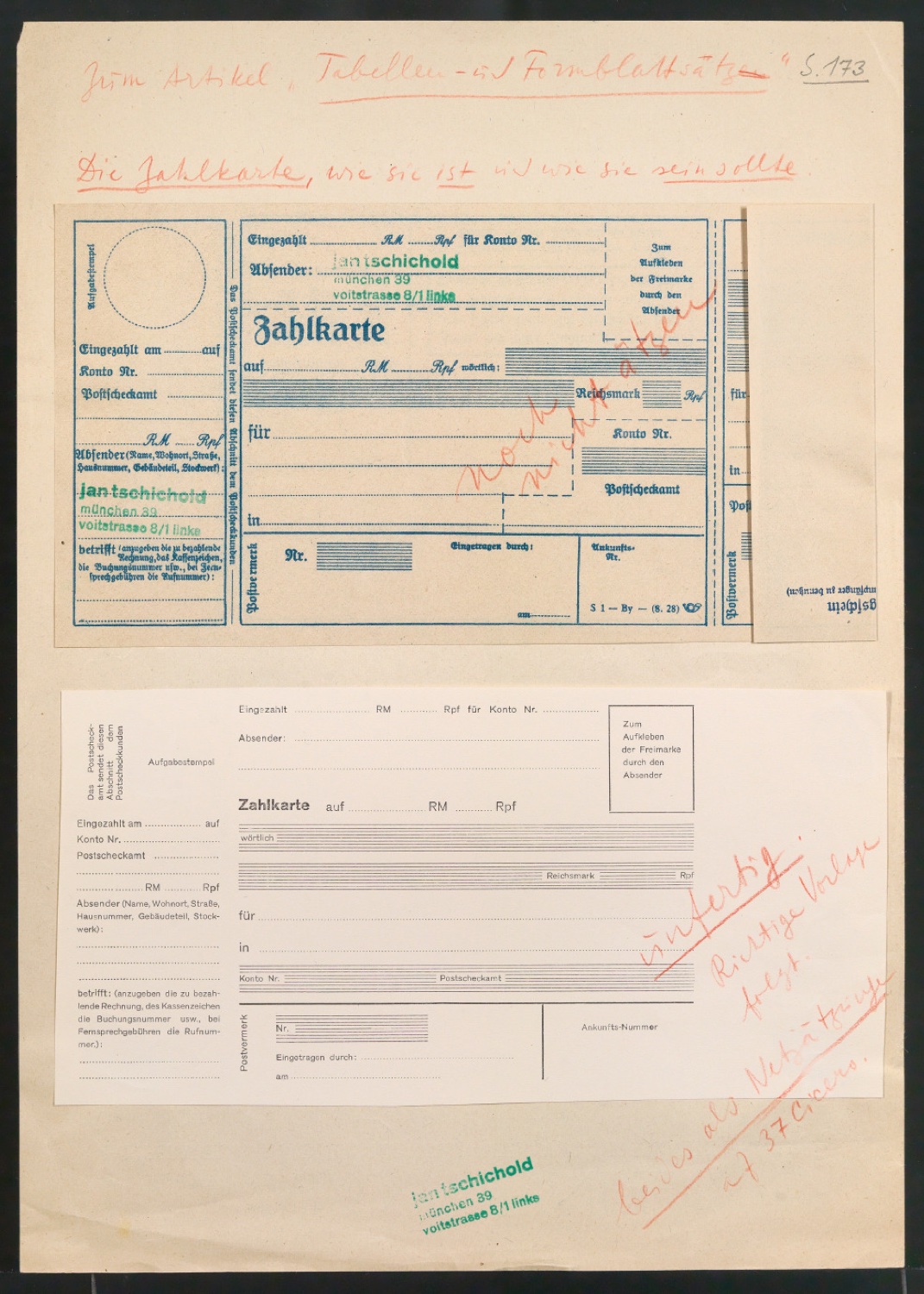 Vergleich einer alten und neuen typografischen Lösung einer Zahlkarte für den Artikel Tabellen- und Formblattsatz — Blatt 5