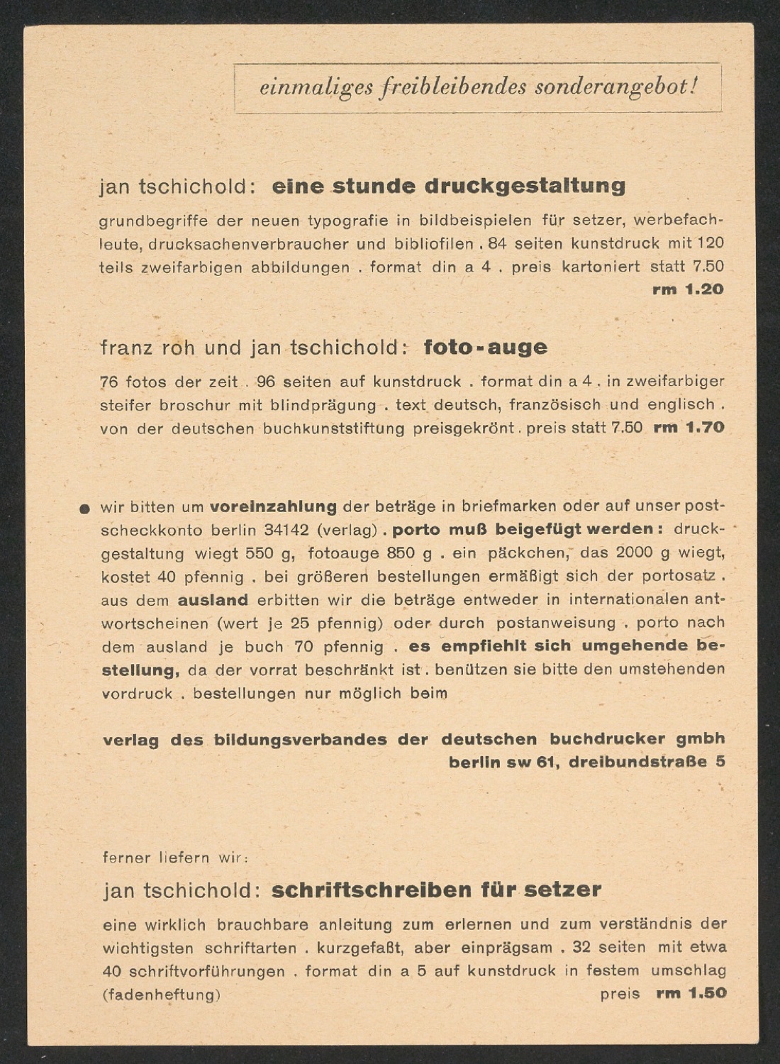 Bestellschein zu Eine Stunde Druckgestaltung; Foto-Auge; Schriftschreiben für Setzer — Blatt 1
