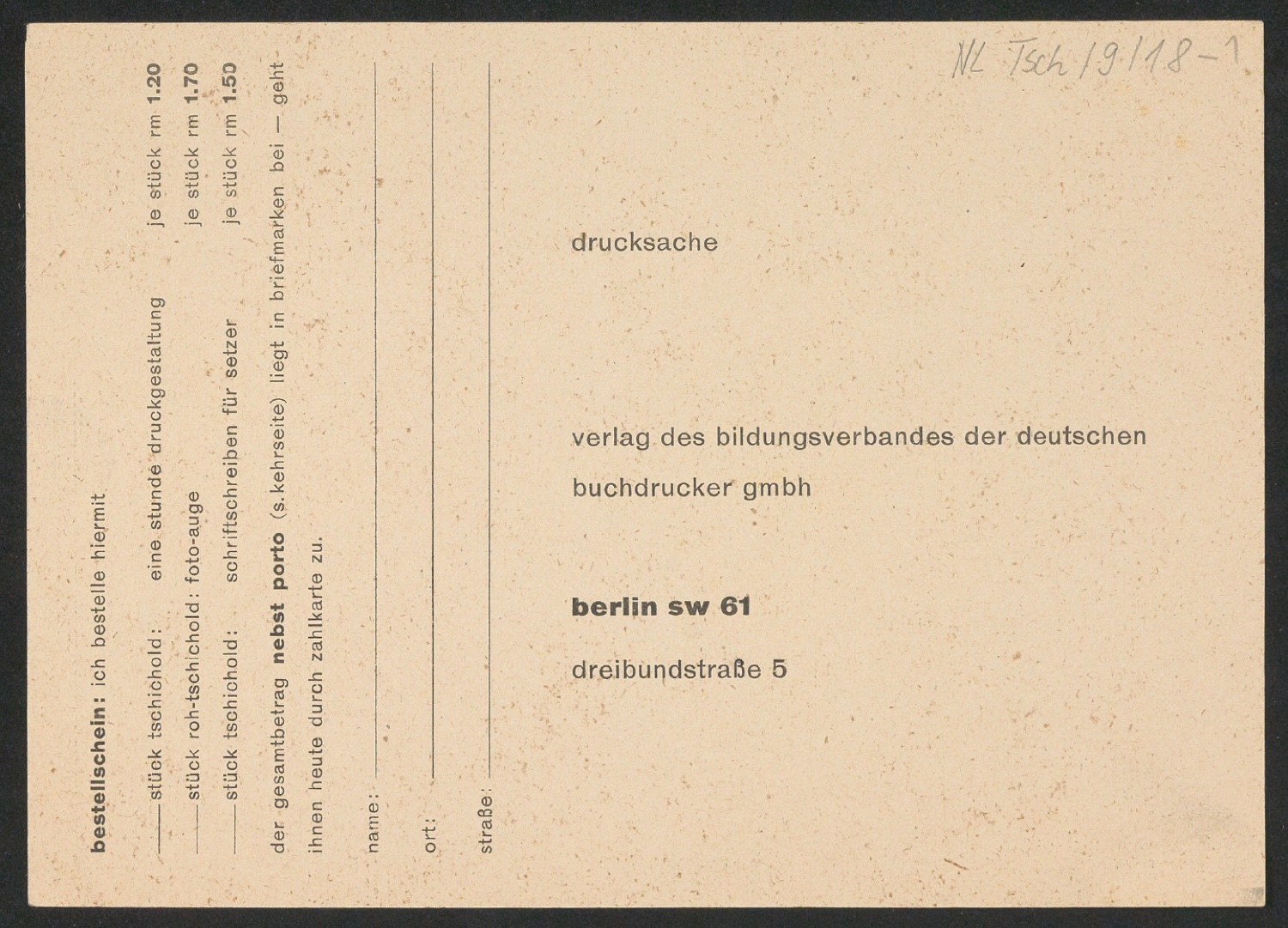 Bestellschein zu Eine Stunde Druckgestaltung; Foto-Auge; Schriftschreiben für Setzer — Blatt 2