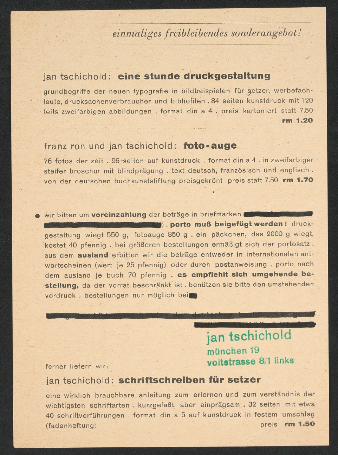Bestellschein zu Eine Stunde Druckgestaltung; Foto-Auge; Schriftschreiben für Setzer — Blatt 3