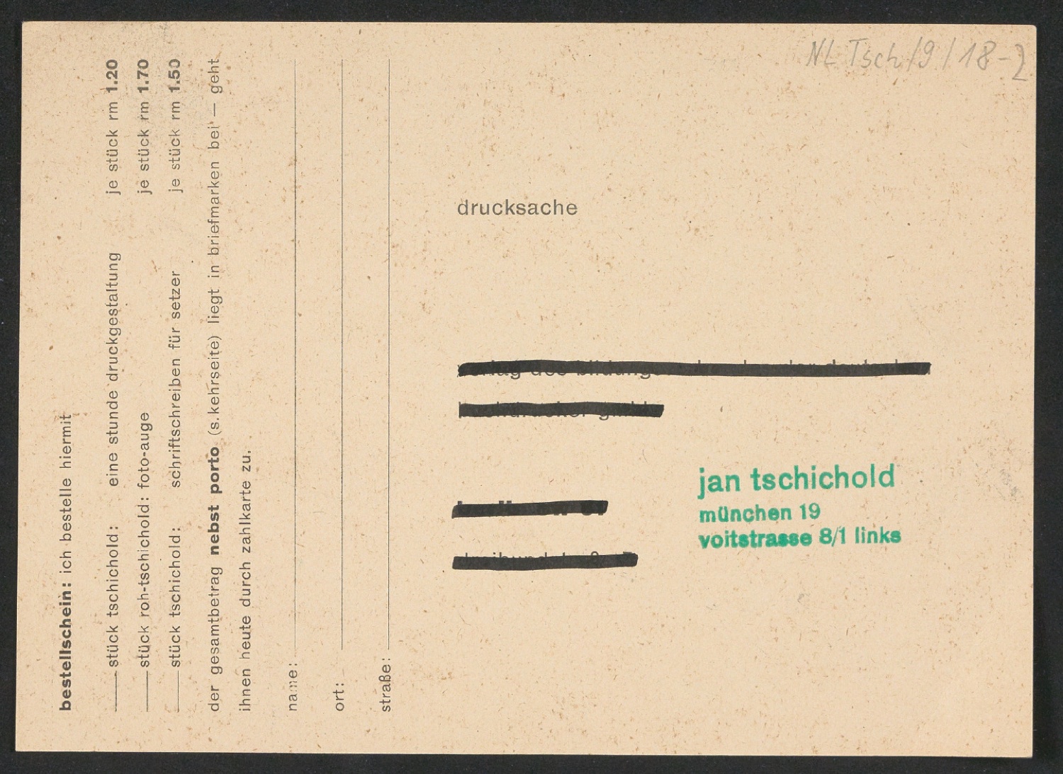 Bestellschein zu Eine Stunde Druckgestaltung; Foto-Auge; Schriftschreiben für Setzer — Blatt 4