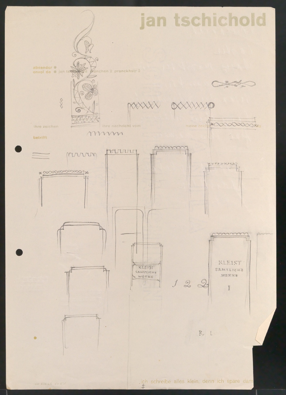 Entwürfe und Entwurfsskizzen für den Bucheinband von Heinrich von Kleists Sämtliche Werke — Blatt 14