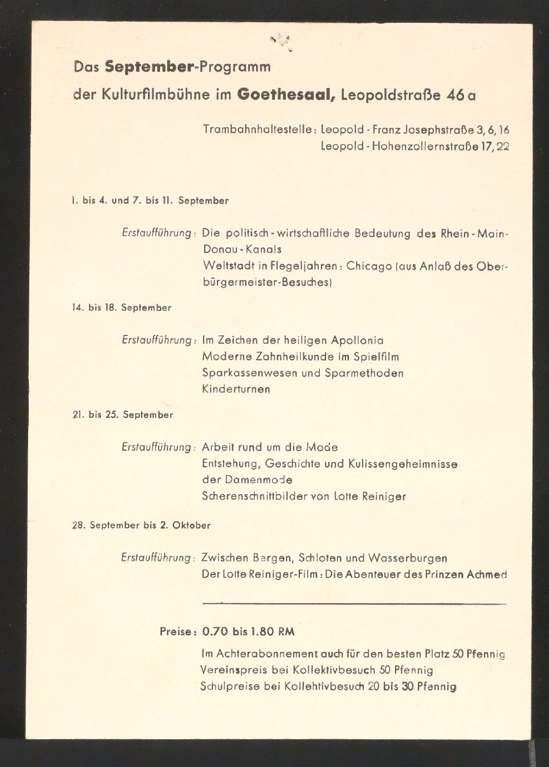 Das September-Programm der Kulturfilmbühne im Goethesaal — Blatt 1