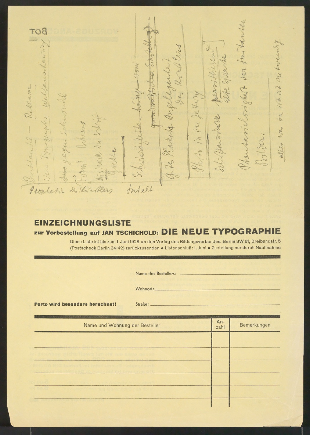 Bestellschein Vorzugs-Angebot für Die Neue Typographie — Blatt 1