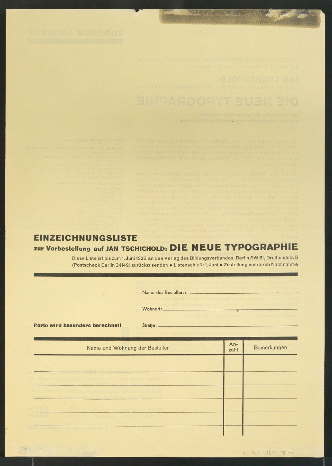 Bestellschein Vorzugs-Angebot für Die Neue Typographie — Blatt 4