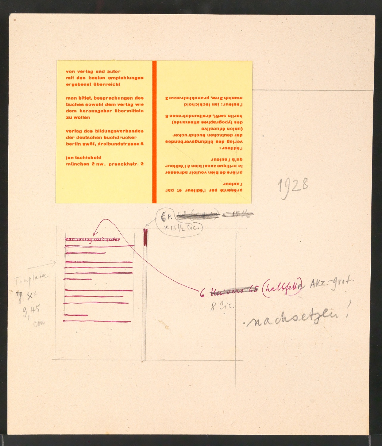 Korrekturfahne von Empfehlungskarte für Die neue Typographie — Blatt 1
