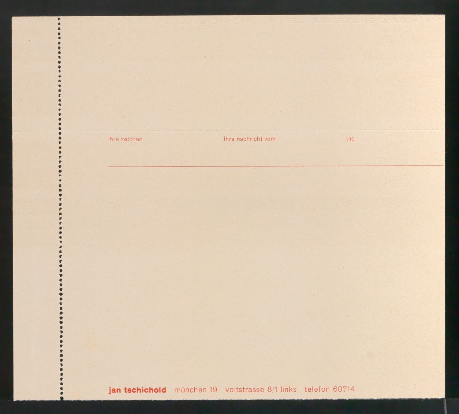 Briefbogen für Jan Tschichold, Voitstraße 8/1 — Blatt 1