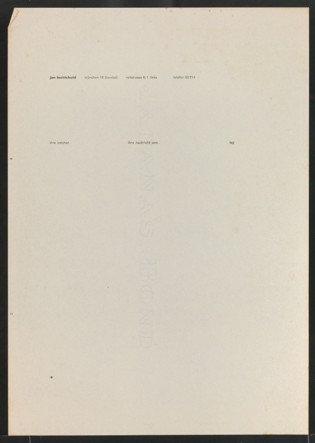 Briefbogen für Jan Tschichold, Voitstraße 8/1 — Blatt 1