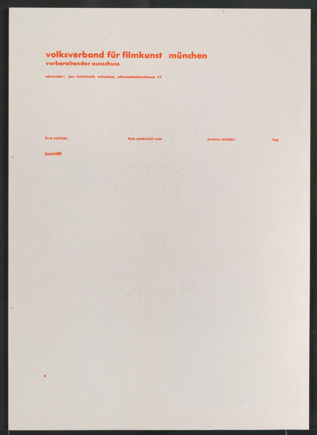 Briefbogen für Volksverband für Filmkunst, Vorbereitender Ausschuss — Blatt 1