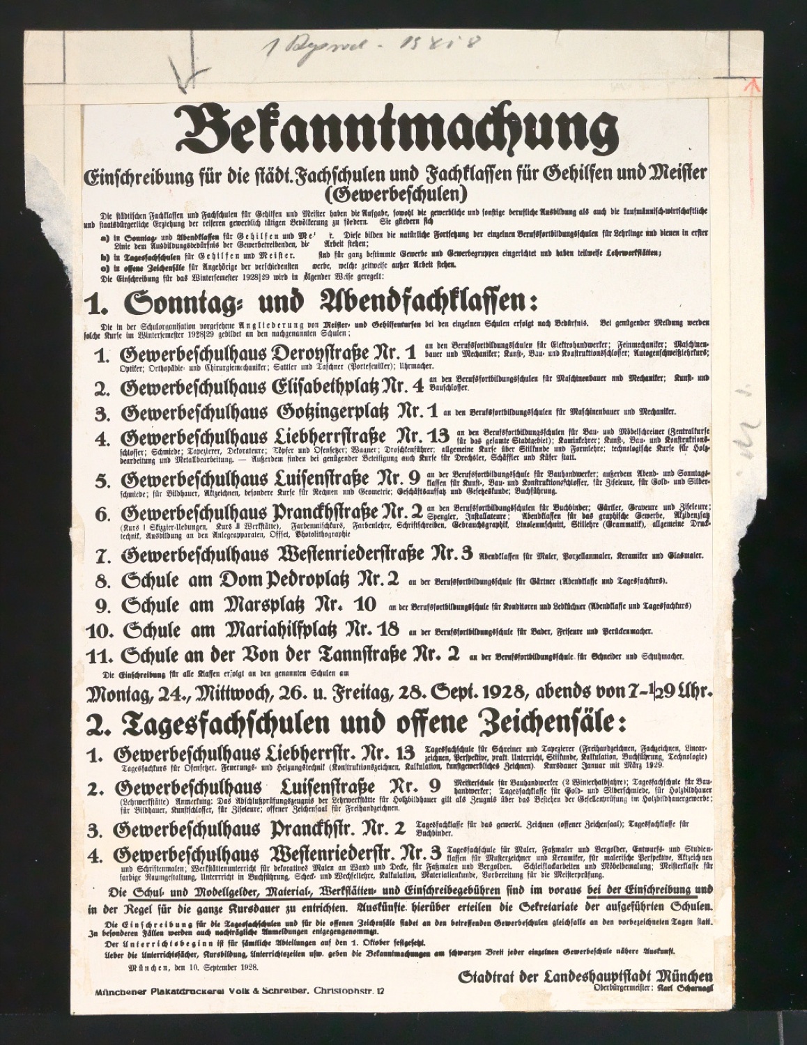 Verkleinerte Fotorepros von Plakat Einschreibung für die städtischen Fachschulen und Fachklassen für Gehilfen und Meister (Gewerbeschulen) — Blatt 1