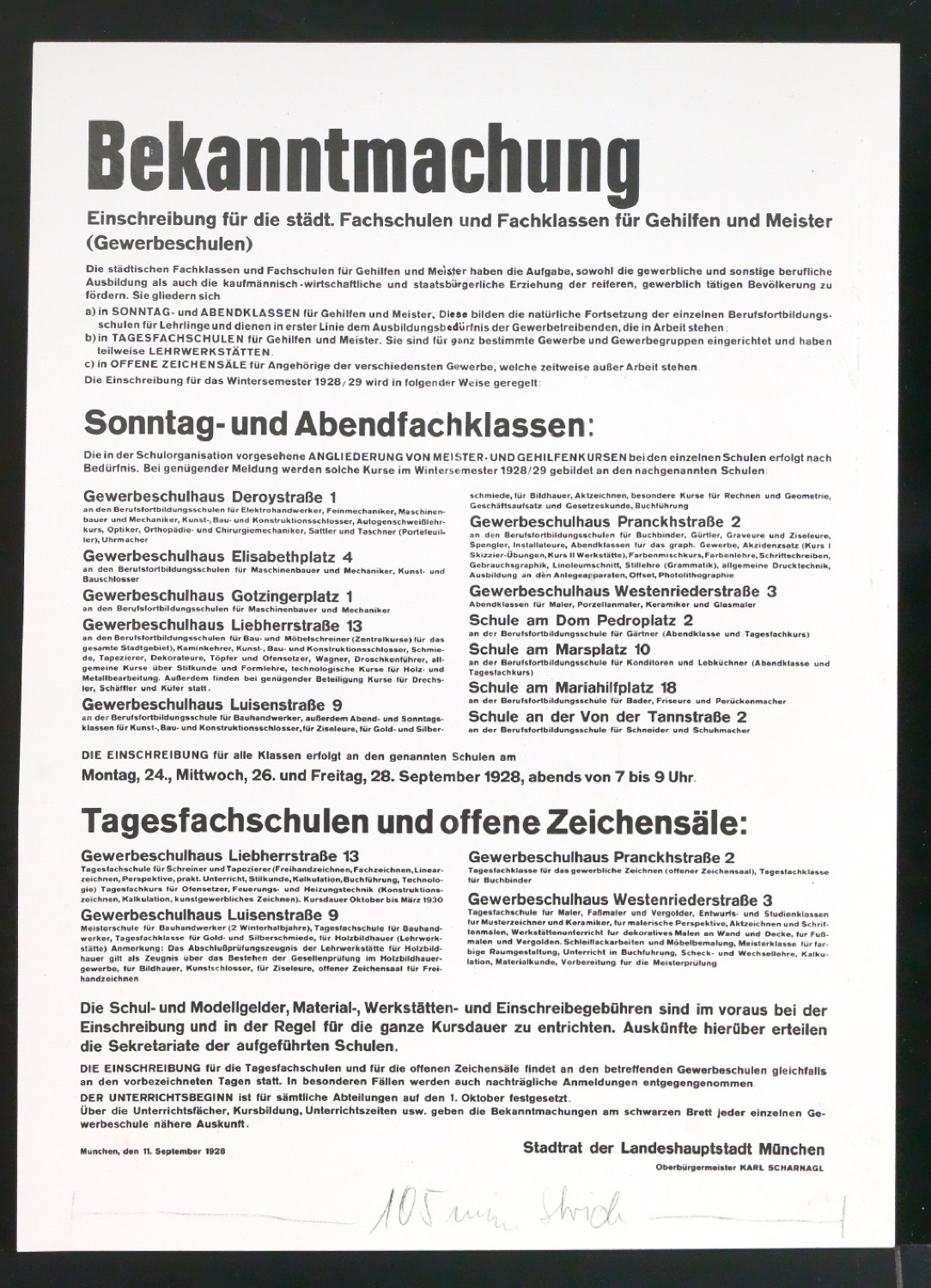 Verkleinerte Fotorepros von Plakat Einschreibung für die städtischen Fachschulen und Fachklassen für Gehilfen und Meister (Gewerbeschulen) — Blatt 3
