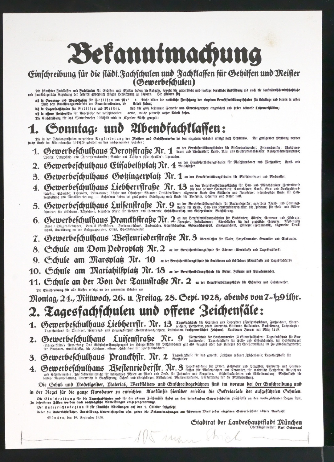 Verkleinerte Fotorepros von Plakat Einschreibung für die städtischen Fachschulen und Fachklassen für Gehilfen und Meister (Gewerbeschulen) — Blatt 5