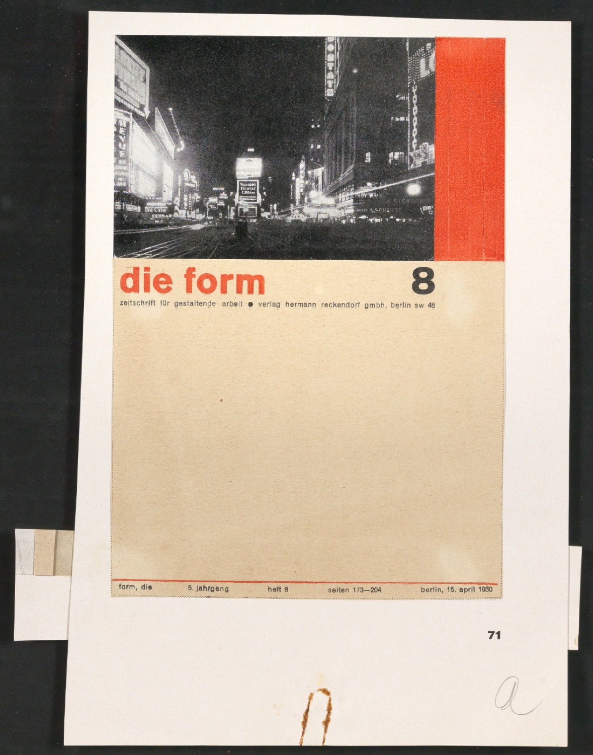 Probedruck von Tschicholds Beitrag zum Cover-Designwettbewerb von "die form" — Blatt 1