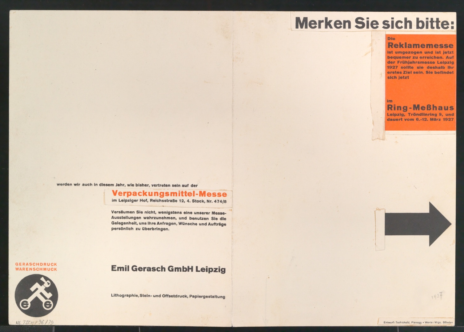 Montierter Entwurf des Handzettels für Emil Gerasch GmbH — Blatt 1