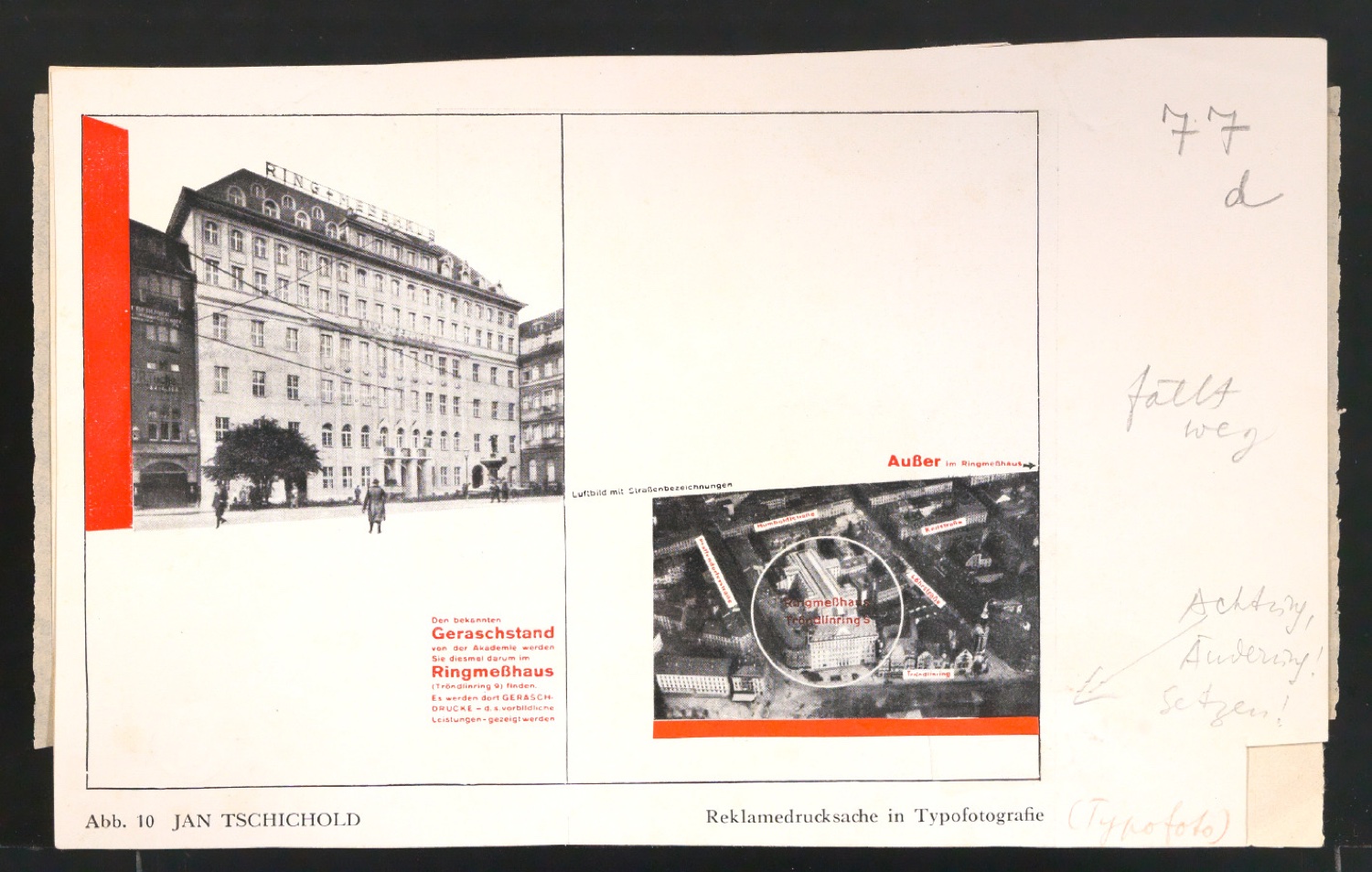 Korrigierter Probedruck einer Illustration mit der Abbildung des Handzettels für Emil Gerasch GmbH — Blatt 1