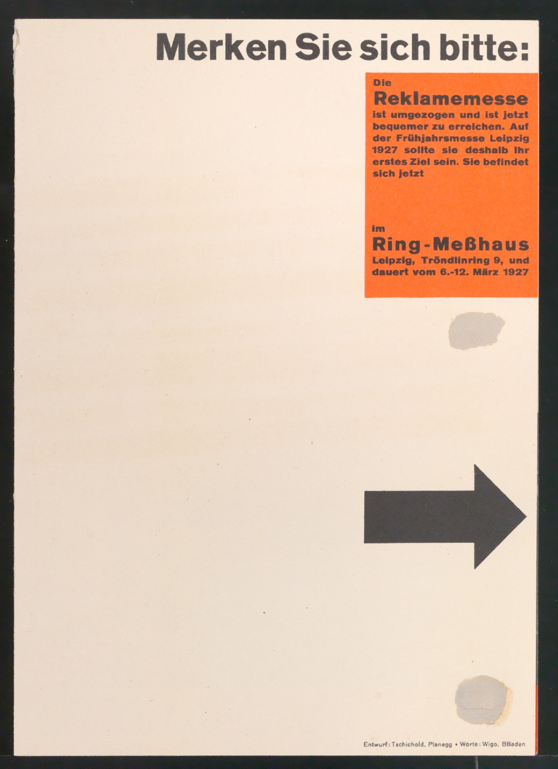 Merken Sie sich bitte: Die Reklamemesse ist umgezogen — Blatt 1