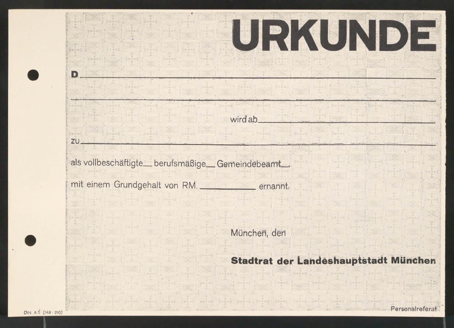 Probedruck für Urkunde zur Ernennung Gemeindebeamter — Blatt 1