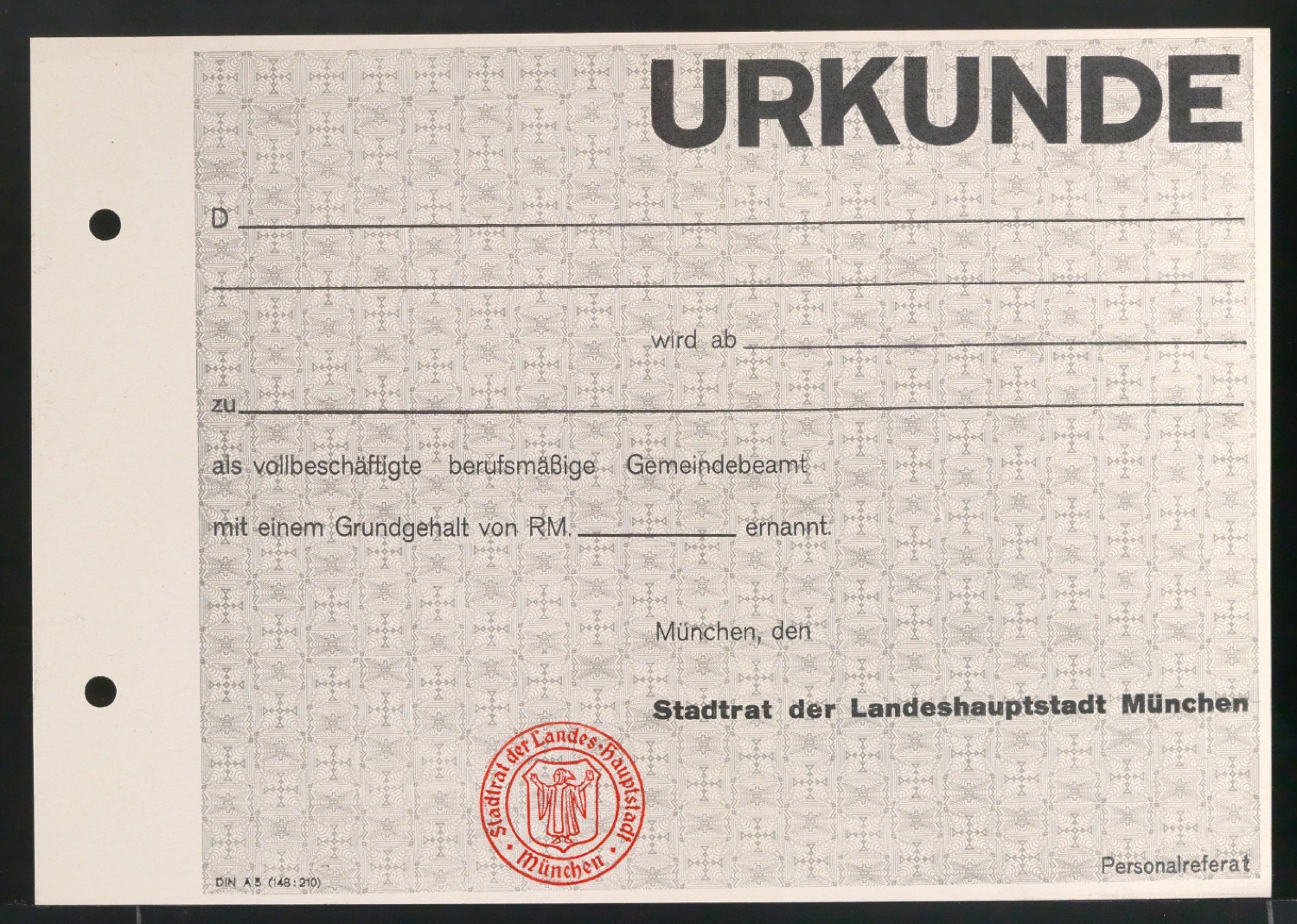Probedruck für Urkunde zur Ernennung Gemeindebeamter — Blatt 1