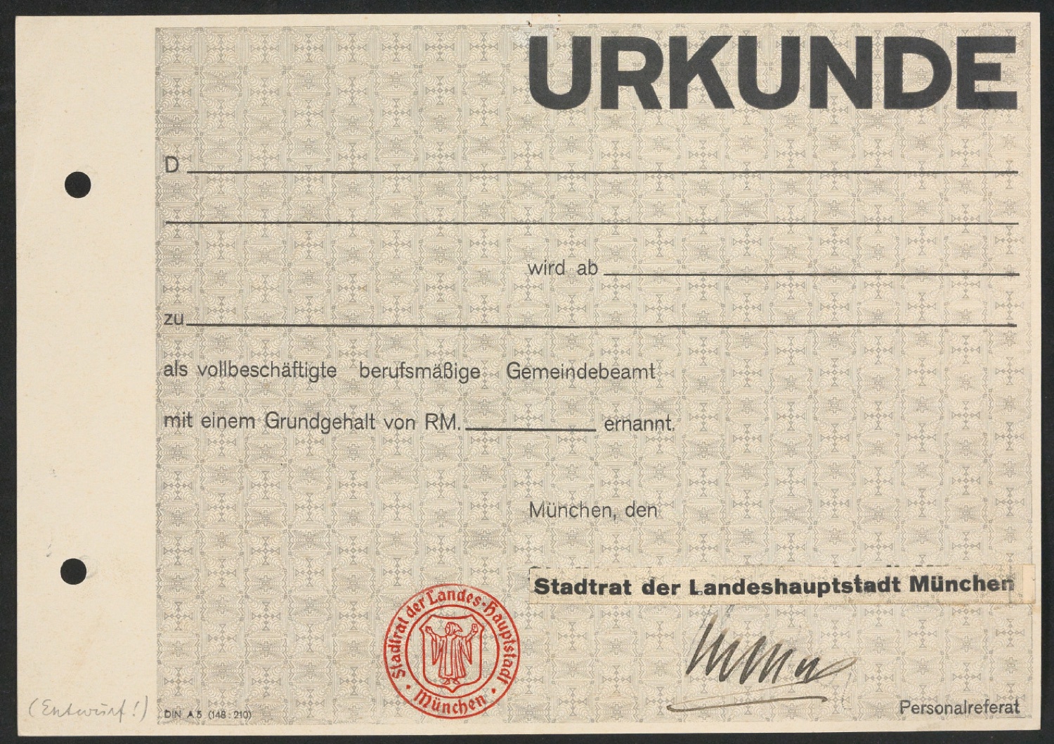 Klebeentwurf für Urkunde zur Ernennung Gemeindebeamter — Blatt 1