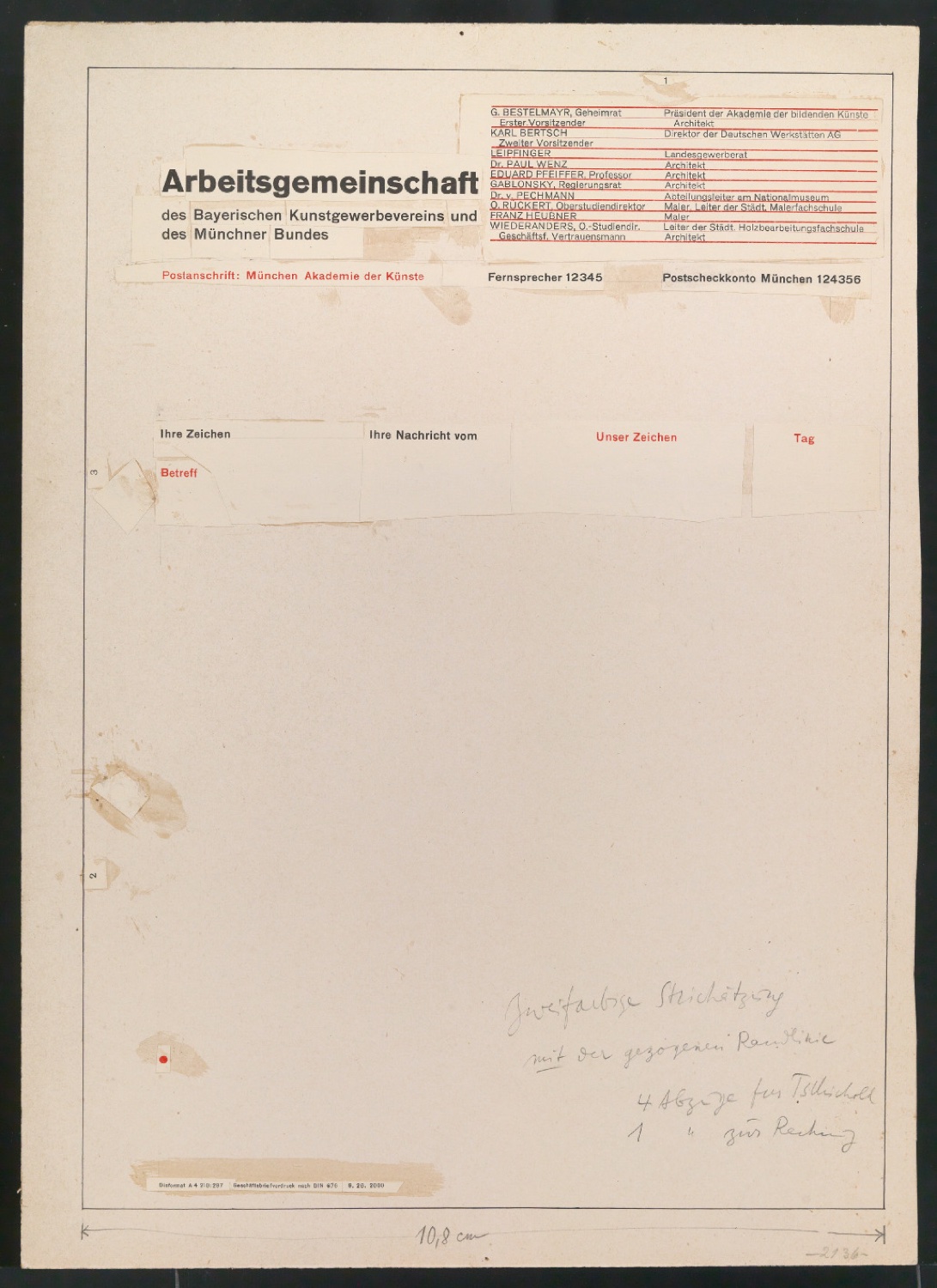 Klebeentwurf und Belegexemplar von Briefbogen für Arbeitsgemeinschaft des Bayrischen Kunstgewerbevereins und des Münchner Bundes — Blatt 1