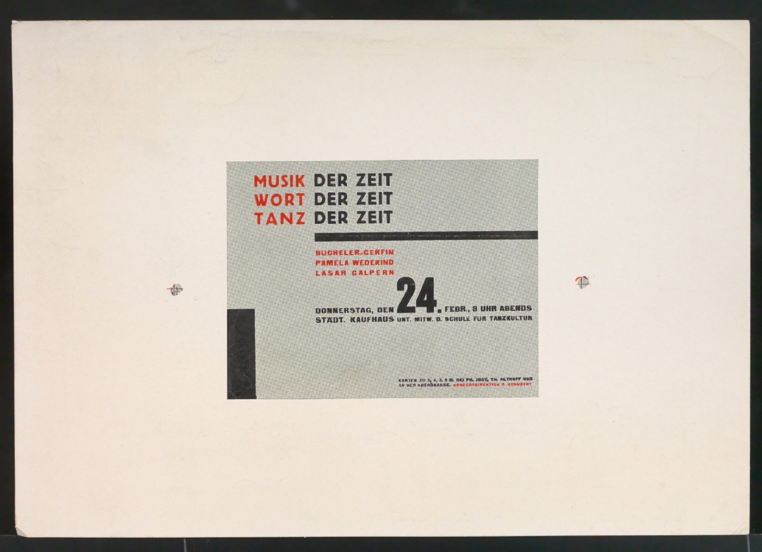 Verkleinerter Probedruck und Fotografie von Plakat Musik der Zeit, Wort der Zeit, Tanz der Zeit für Städtisches Kaufhaus Leipzig — Blatt 1