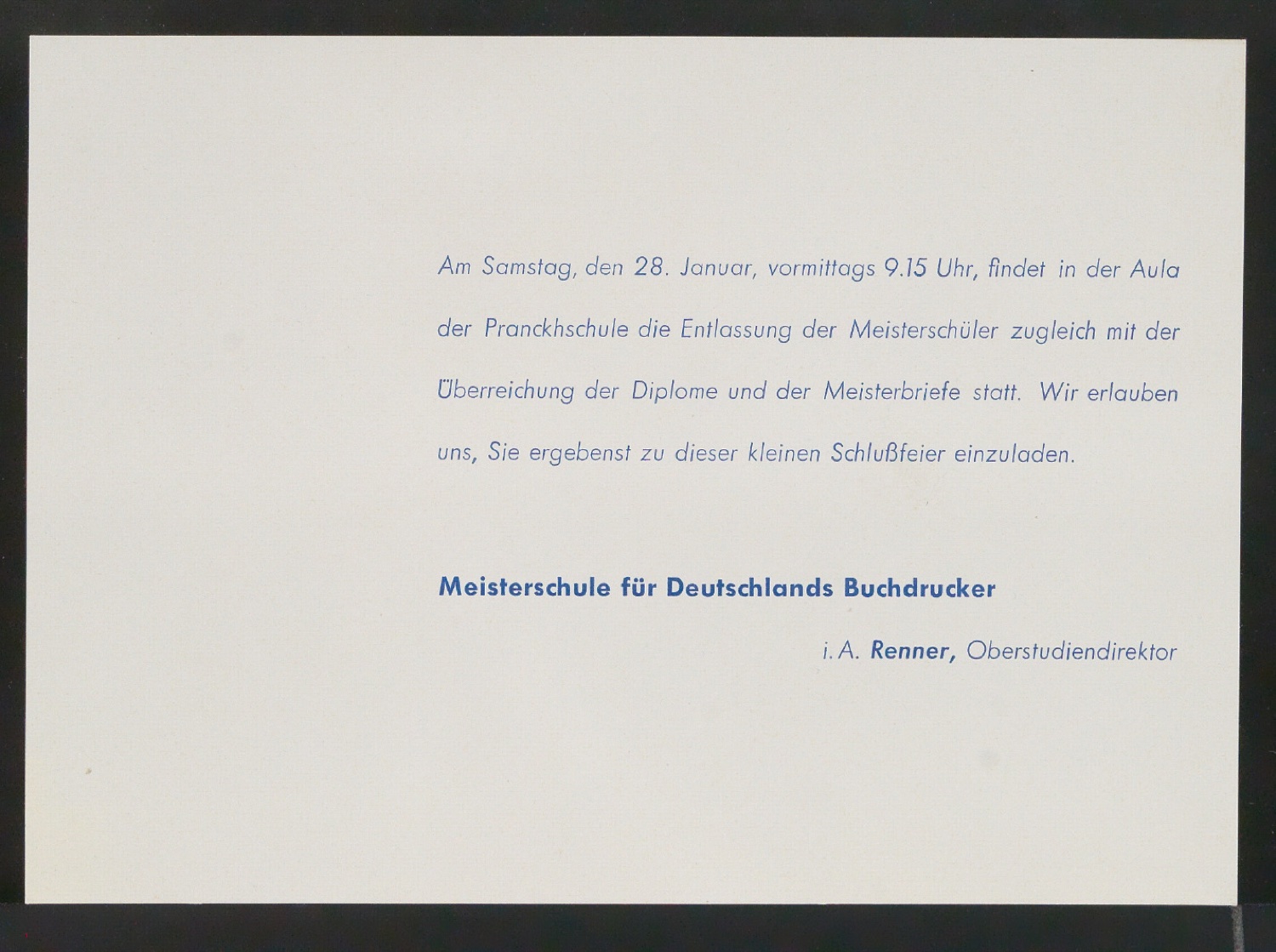 Einladungskarte zur Entlassungsfeier der Meisterschüler — Blatt 1