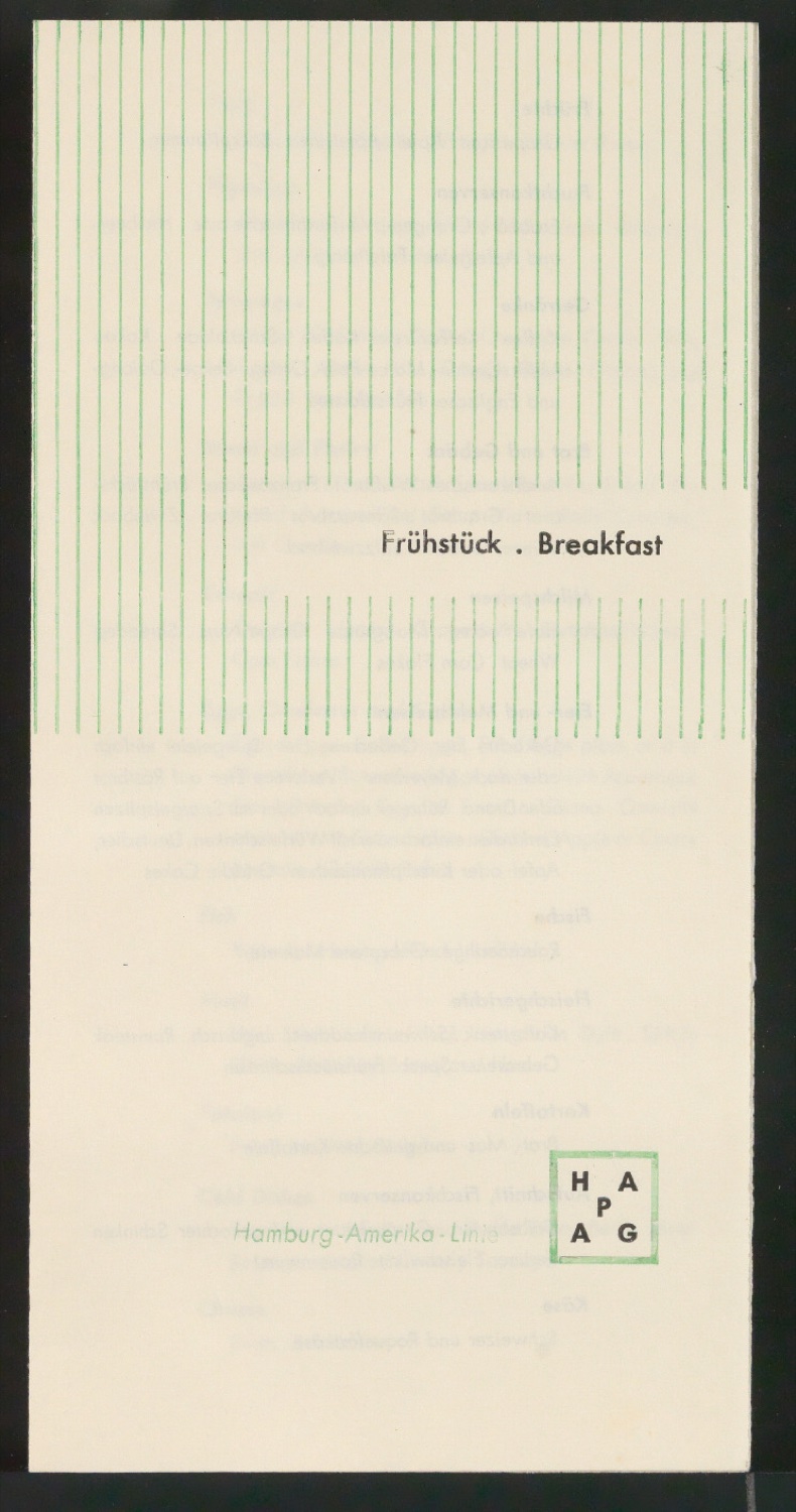 Probedruck für Menü Frühstück Hamburg-Amerika Linie — Blatt 1
