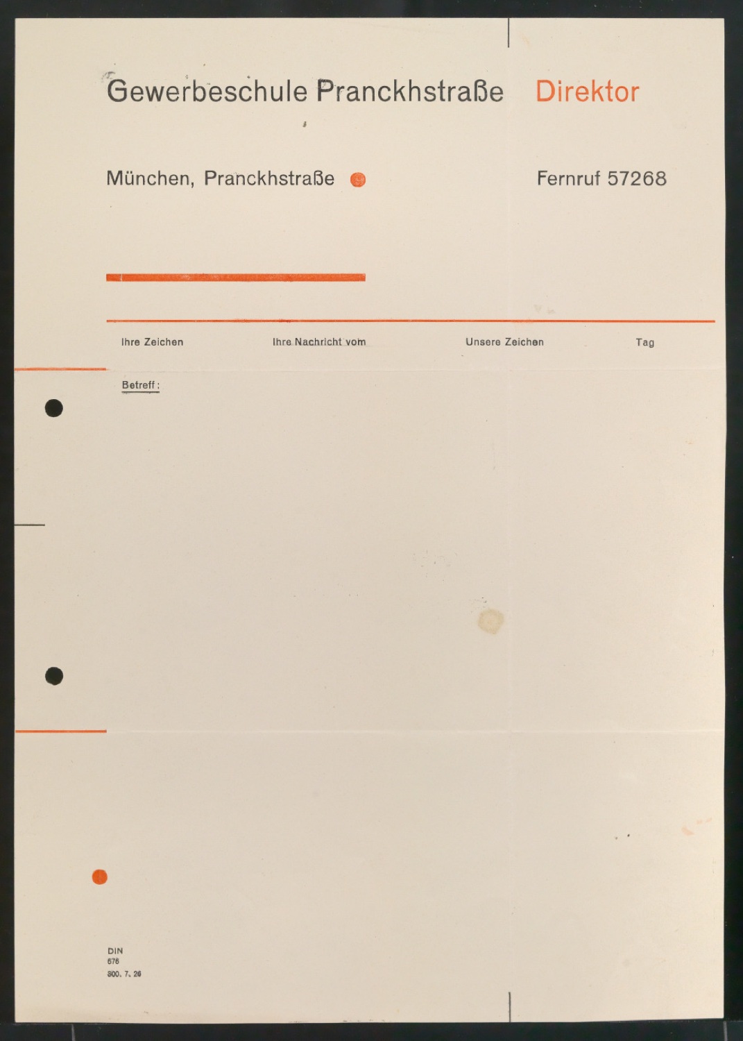 Probedrucke und Anschauungsexemplar von Briefbogen Gewerbeschule Pranckhstrasse Direktor — Blatt 1