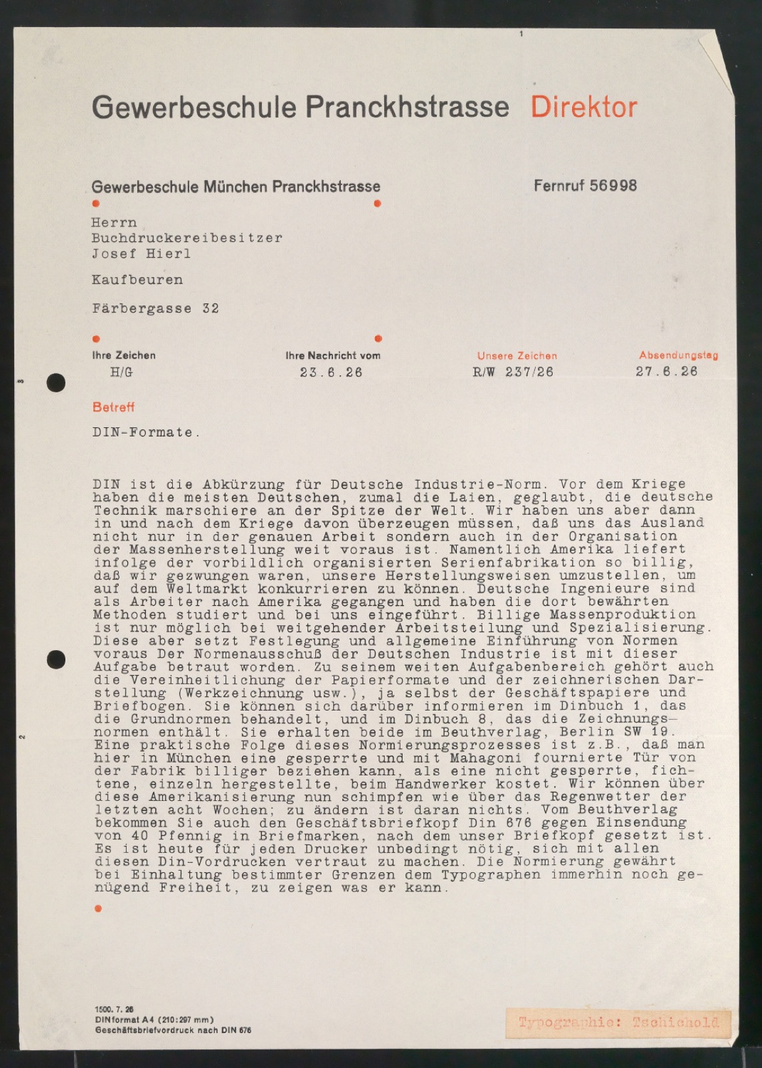 Probedrucke und Anschauungsexemplar von Briefbogen Gewerbeschule Pranckhstrasse Direktor — Blatt 7