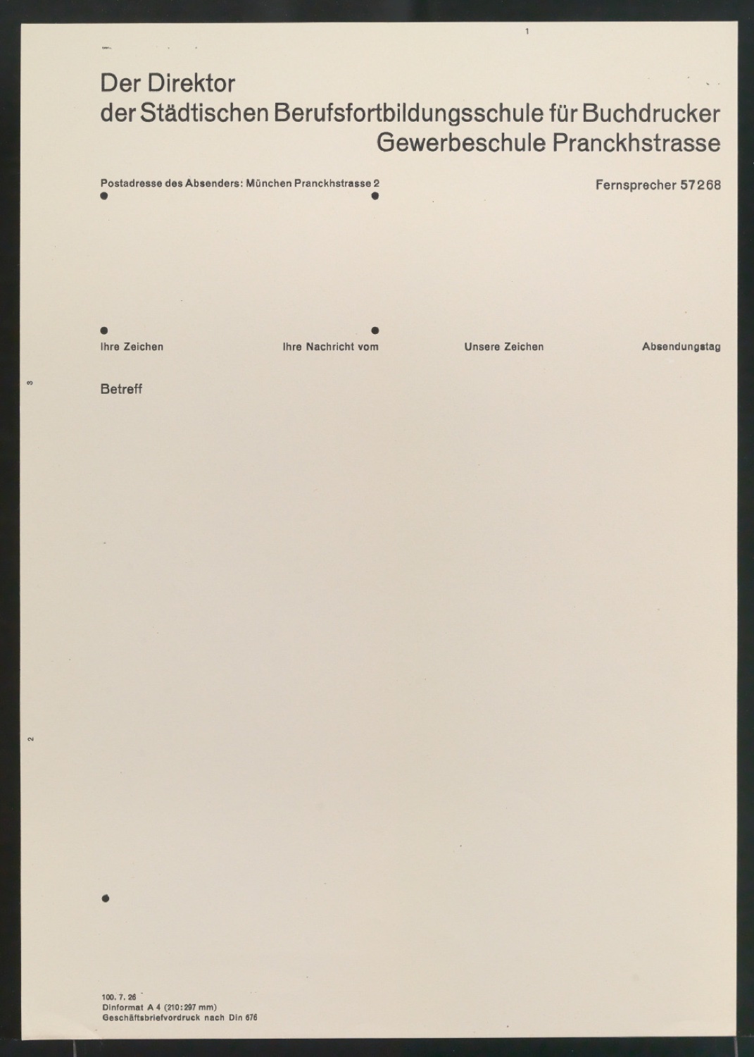 Briefbogen Der Direktor der Städtischen Berufsfortbildungsschule für Buchdrucker Gewerbeschule Pranckhstrasse — Blatt 1