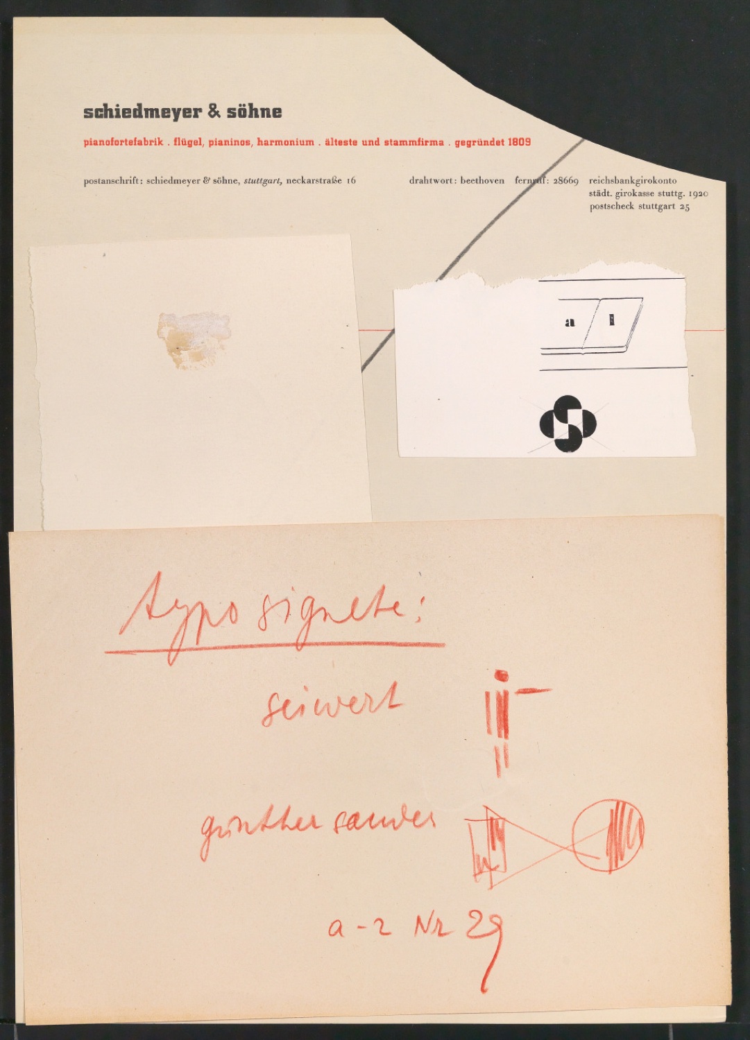Notizen und gesammelte Firmenzeichen für das Typoskript Typosignete und Kurzzeichen — Blatt 33